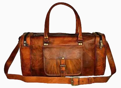 Brown leather duffel bag with gold hardware on a white background