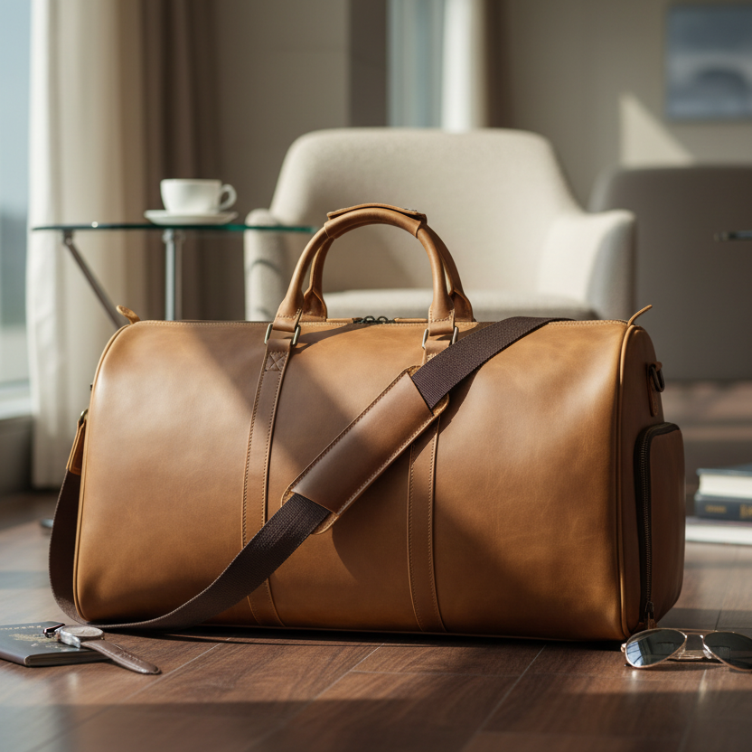 Leather duffle bag with ultra-realistic background