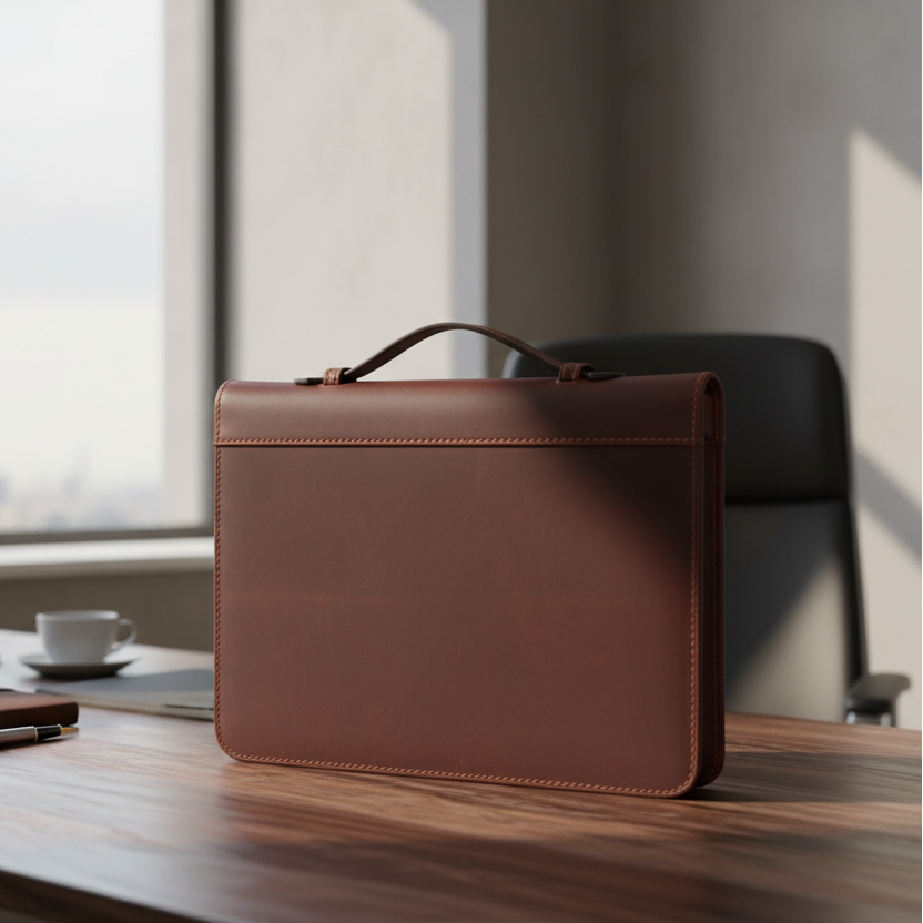 Leather portfolio briefcase with ultra-realistic background