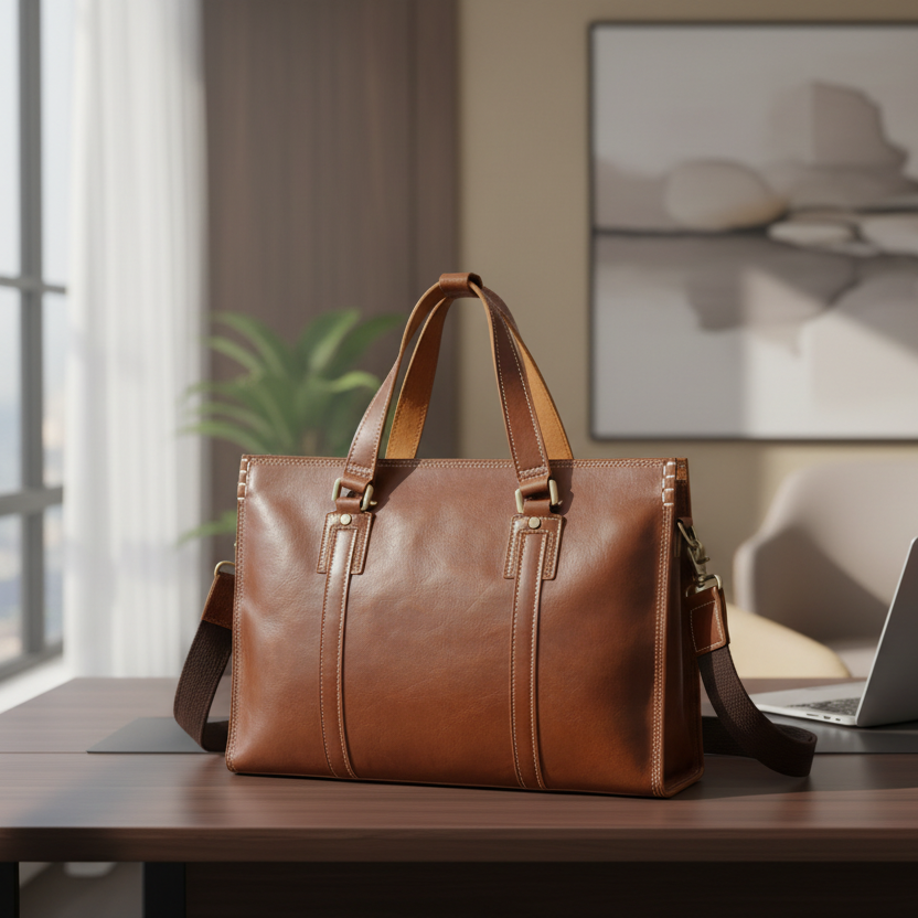 Leather tote bag with ultra-realistic background