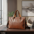 Leather tote bag with ultra-realistic background