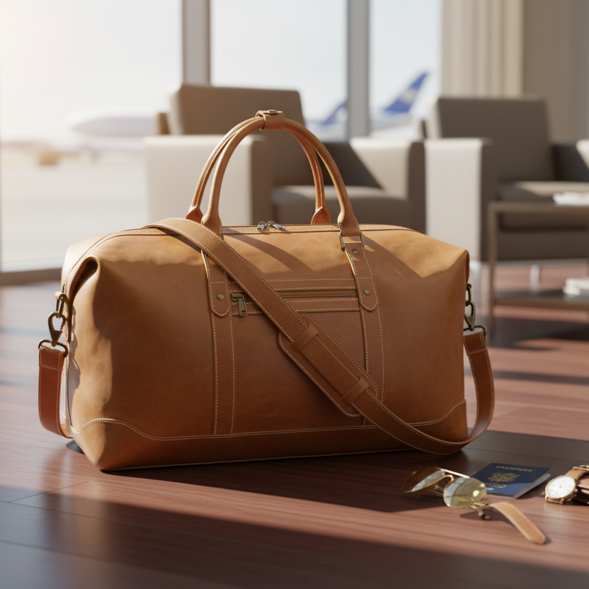 Tan leather duffle bag with ultra-realistic background