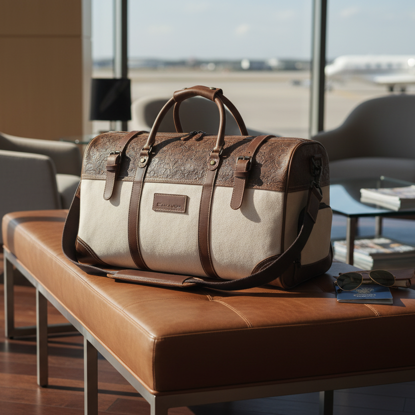 Two-tone leather duffle bag with ultra-realistic background
